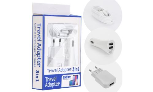 Pack Chargeur blanc 3 en 1 Secteur + Voiture + Câble USB-C