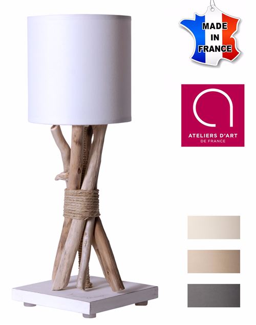 Lampe de table artisanale en bois flotté naturel - Personnalisable - Fabriquée à la main en France - Blanc avec personnalisation - 13