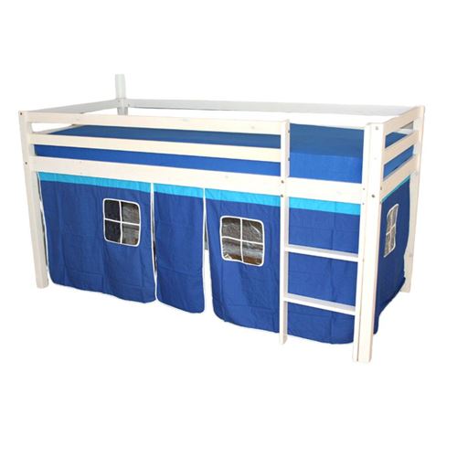 Lit Simple Blanc 90x200 en hauteur avec echelle et rideau bleu