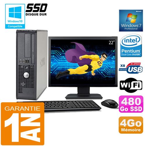 PC Dell 380 Sff Intel E5700 Ram 4Go Disque 480 Go SSD WiFi W7 Ecran 22'