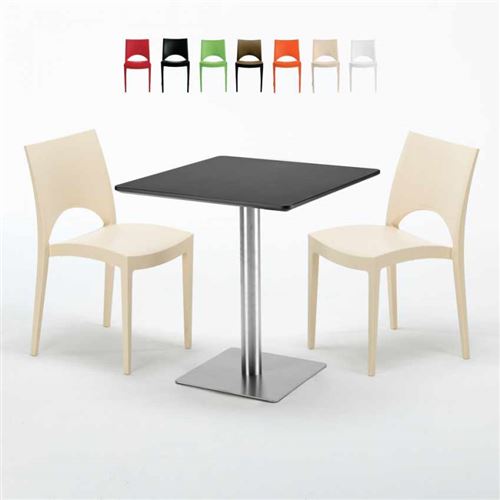 Table carrée noire 70x70 avec 2 chaises colorées Paris Rum Raisin, Couleur: Beige