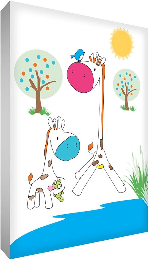 Little Helper gir2436–12 G Feel Good Art Tableau en toile de lin épaisse Bijoux mural – Girafe maman et bébé girafe au trou d'eau, 91 x 60 cm