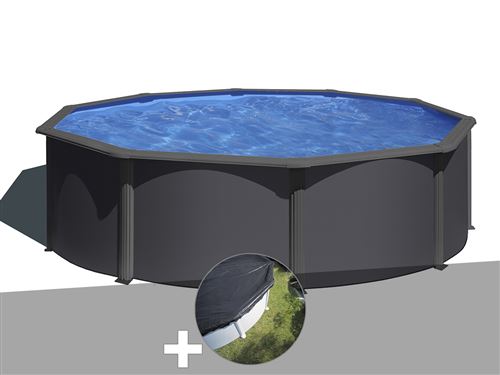 Kit piscine acier gris anthracite Gré Louko ronde 3,70 x 1,22 m + Bâche d'hivernage