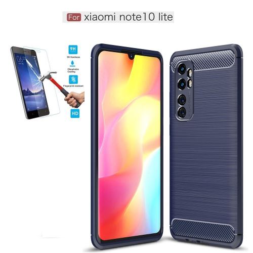 Coque Xiaomi Mi Note 10 Lite Carbone Bleu Avec Film Verre Trempé Housse Etui En Silicone Gel Souple hfs-house®