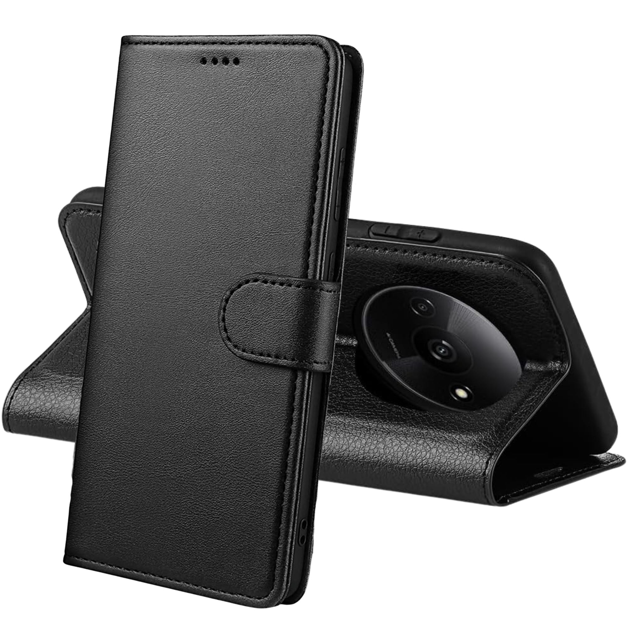Coque Portefeuille Xiaomi Redmi A3 Cuir PU Premium + Verre Trempé – Rabat, Fentes Cartes, Support - Noir