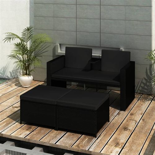 Non Communiqué Noir Salon De Jardin 3 Pcs Avec Coussins Résine Tressée