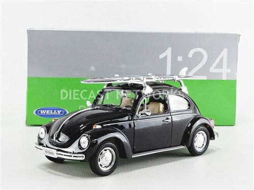 Voiture Miniature de Collection WELLY 1-24 - VOLKSWAGEN Beetle avec planche de surf - 1959 - Black - 22436SBBK