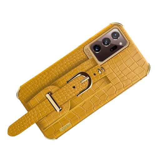 Coque pour Samsung Galaxy S22 Ultra FONGWAN Cuir à motif crocodile, avec bracelet - jaune