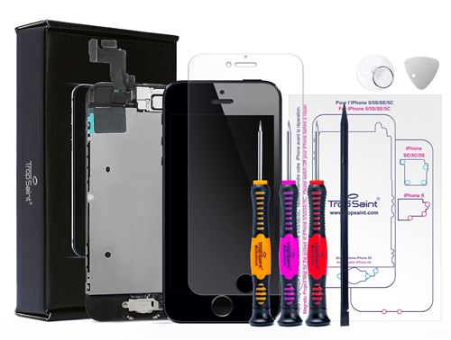 Écran pour iPhone 5S Noir Trop Saint® - LCD Complet Trop Saint® - Kit de Réparation Premium avec Notice, Outils et Verre Trempé