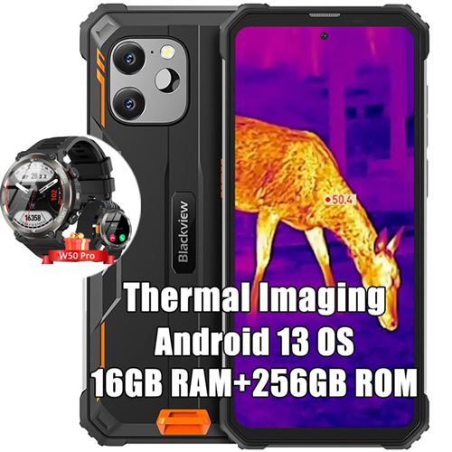 Blackview BV8900 Téléphone Portable Incassable Android 13 6,5 2,4K 16Go+256Go 64MP 10380mAh NFC Orange avec Blackview W50 Pro