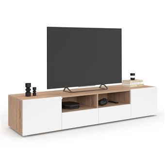 Meuble TV 180 cm ELI bois façon hêtre portes blanches - 1