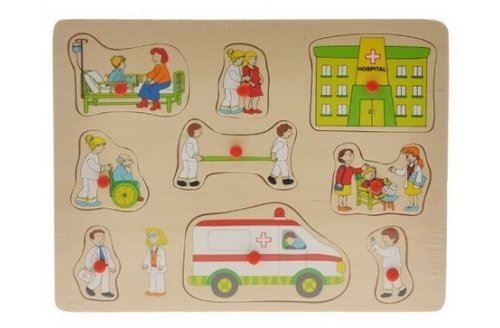 Puzzle encastrement en bois secours hopital 9 pieces - puzzle a boutons bebe  premier age - set jouet eveil educatif + carte animaux