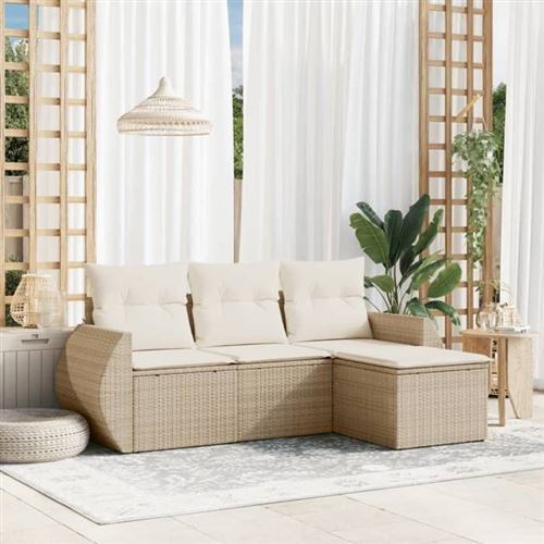 Salon de jardin avec coussins 4 pcs beige r&eacute;sine tress&eacute;e 