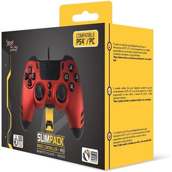 Steelplay Slimpack - Manette filaire (câble de 3m), Compatible PS4/PS3/PC, Double Retour de Vibration, 4 palettes arrière programmables, Ergonomique et Confortable - Rouge