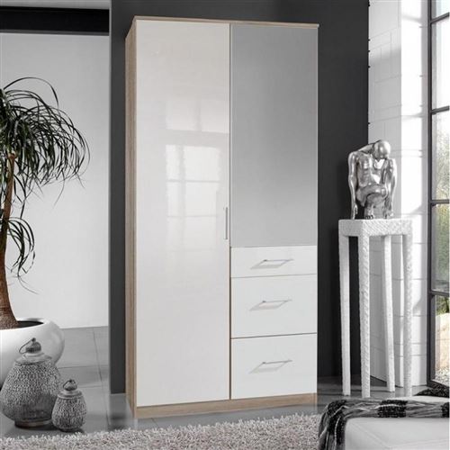 Armoire COOPER 2 portes miroir 3 tiroirs largeur 91 laqué blanc / décor chêne