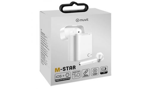 écouteurs MSTAR Blanc Muvit sans fils bluetooth avec boitier de chargement