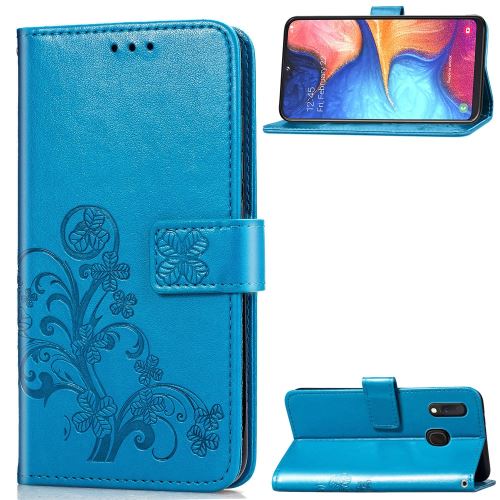Etui en PU trèfle à quatre feuilles bleu avec support et sangle pour votre Samsung Galaxy A20e