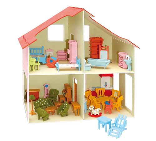 Pebaro Maison de poupées en bois avec meubles support Lot à monter soi-même en contreplaqué Idéal Fée Maison brut Naturel
