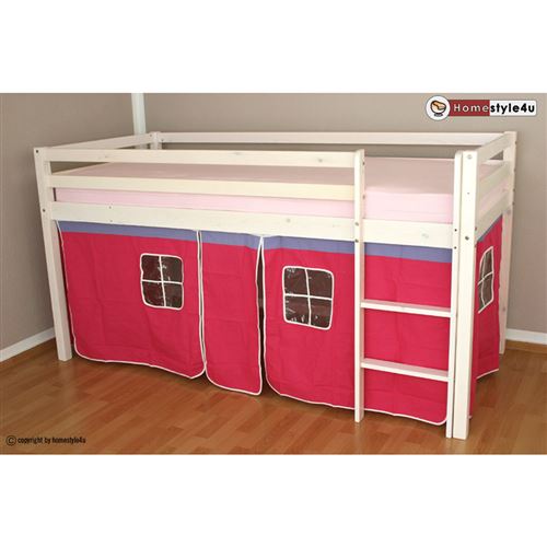 Lit Simple Blanc 90x200 en hauteur avec echelle et rideau fuchsia