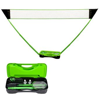 PLAY4FUN Set de Badminton complet avec filet 295 x 38 x 154 cm, raquettes, volants et étui de rangement - Vert - 1