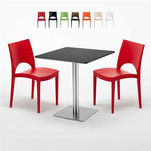 Table carrée noire 70x70 avec 2 chaises colorées Paris Rum Raisin, Couleur: Rouge