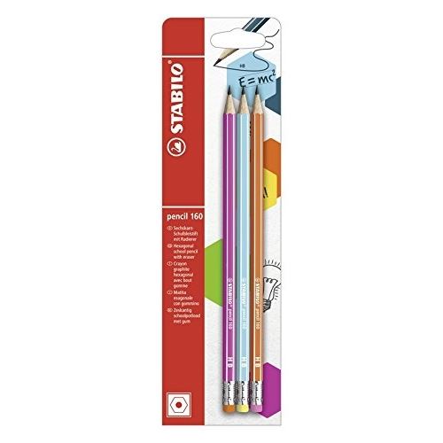 Stabilo pencil 160 - pack de 3 crayons graphite hb avec bout gomme - rose bleu clair orange
