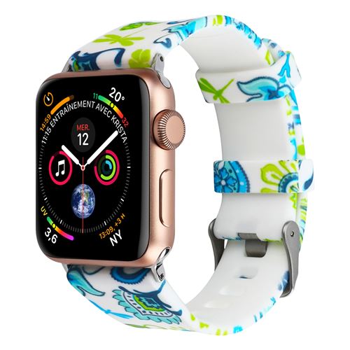 Bracelet Apple Watch 42 et 44 mm Motif Bucolique en Silicone - Blanc et Vert