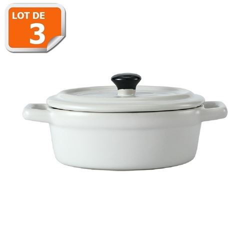 Lot de 3 mini cocottes ovales blanches avec couvercle et poignées HobbyCook