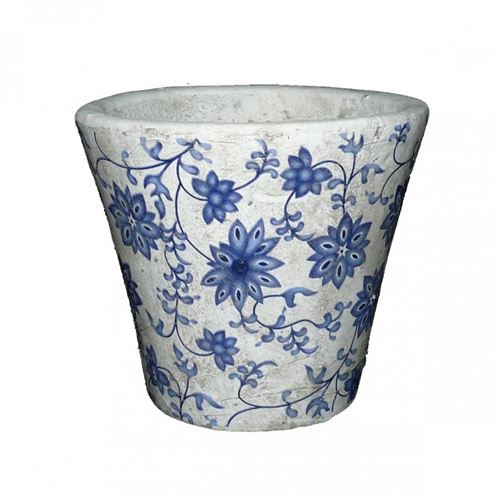 L'Héritier Du Temps - Petit cache pot etanche style champêtre aux motifs floraux bleutés en terre cuite 11x13x13cm