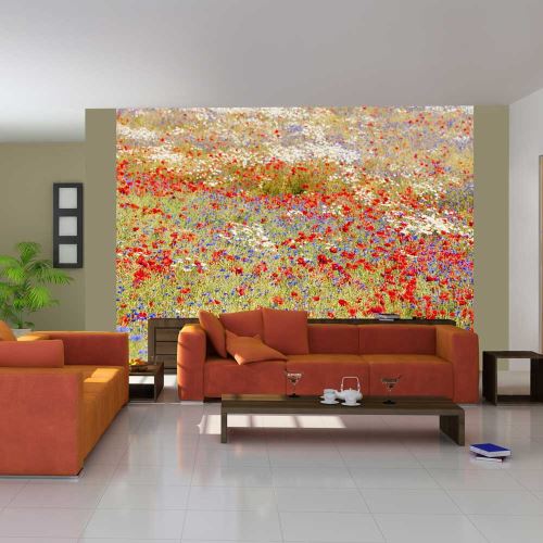 Papier peint - prairie: coquelicots, bleuets... - 400x309 -