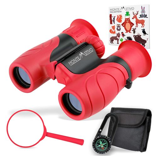 Jumelles Pour Enfants - Norsjo Montestivo - Kit De Jumelles - Grossissement 8X - Kit D'Exploration - Avec Boussole Et Sac À Dos - Plastique Alimentaire - Rouge