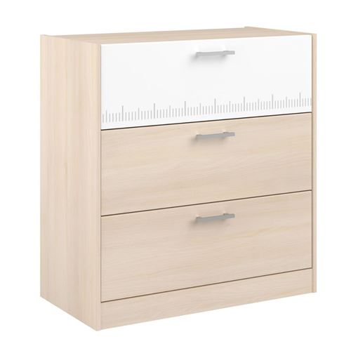 Commode 3 tiroirs aspect bois fa&ccedil;ade sup&eacute;rieure blanche s&eacute;rigraphi&eacute;e - CHARLINE
