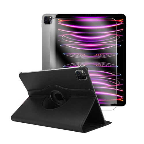 Etui rotatif en simili cuir + verre tremp&eacute; pour ipad pro 11 2022 - noir