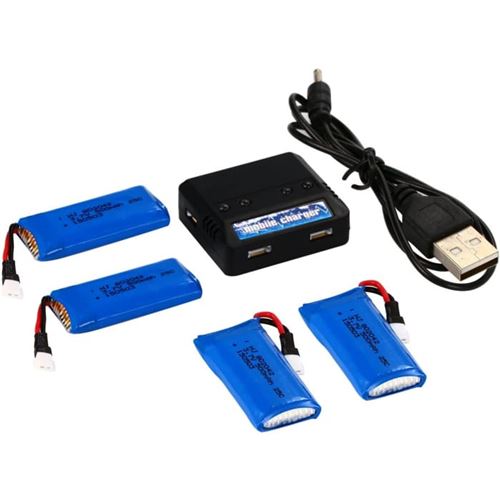Ensemble de Chargeurs 1 à 4 et Batteries Lipo 500mAh pour Drone Compatible avec Hubsan X4, V252, Syma X5C, JJRC Recharge Efficace, 42X20X8 mm - 13,5 GR, Bleu