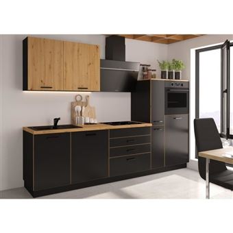 Cuisine complete  - Décor noir - L 280 x P 60 x H 214 cm - Plan de travail inclus - 1
