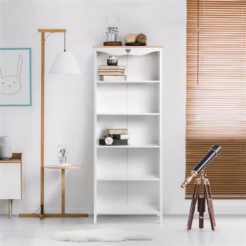 Bibliotheque enfant - Decor Chene et laque blanc - MDF et Pin Massif - L70 x P35 x H180 cm - HARO