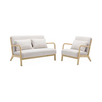 Ensemble Salon 2 Places : Banquette + Fauteuil En Bois Et Tissu Beige - Style Scandinave