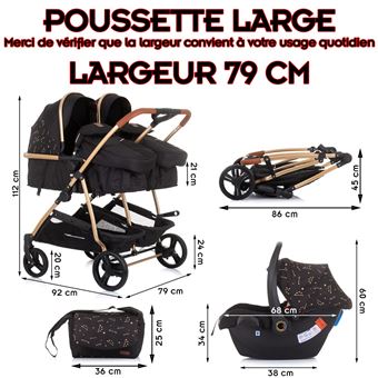 MonMobilierDesign DUO SMART Poussette jumeaux ou enfants rapprochés largeur  79 cm Noir / Doré + 2 cosy noir - Poussettes - Achat & prix