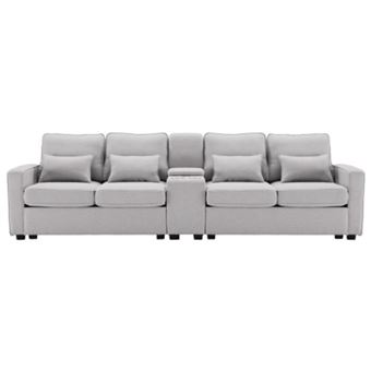 Canapé 4 Places Moderne Avec Console Centrale - Tissu Lin Gris Foncé - 2 Porte-gobelets, 2 Ports USB, Rangements - Pour Salon Ou Bureau