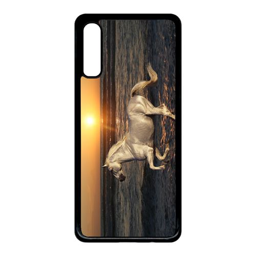 Coque My-Kase pour Galaxy A70 - cheval blanc couché de soleil sur la plage - Plastique Noir