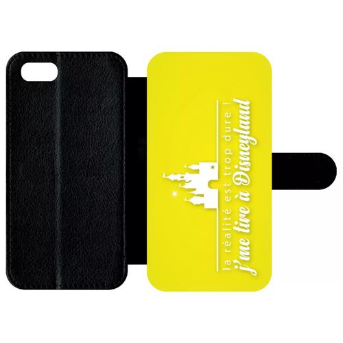Etui My-Kase pour iPhone Se 2020 - la realite est tropdure jme tire a disney fond jaune - Simili-cuir Noir