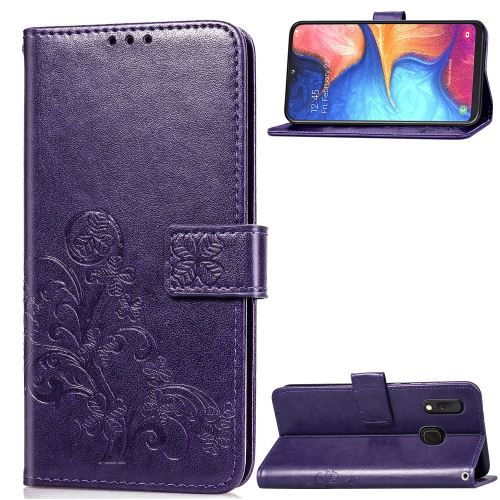 Etui en PU trèfle à quatre feuilles violet avec support et sangle pour votre Samsung Galaxy A20e