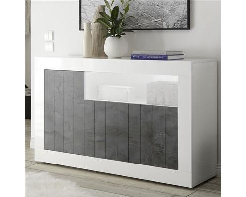Petit buffet 140 cm moderne blanc effet béton gris foncé URBAN 6 - L 138 x P 42 x H 86 cm