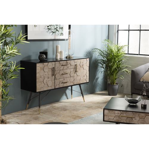 Buffet 2 portes 3 tiroirs scandi Sapin marqueté pieds métal