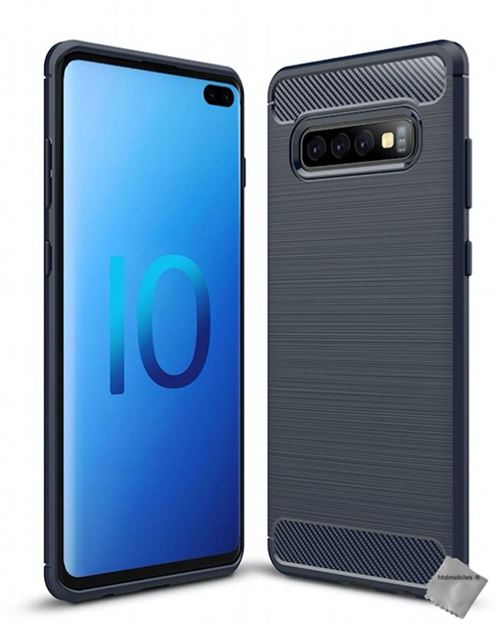 Housse etui coque silicone gel carbone pour Samsung Galaxy S10+ Plus + film ecran - BLEU FONCE - htdmobiles