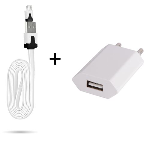 Cable Noodle 1m Chargeur + Prise Secteur pour SAMSUNG Galaxy A3 Smartphone Micro-USB Murale Pack Universel Android (BLANC)