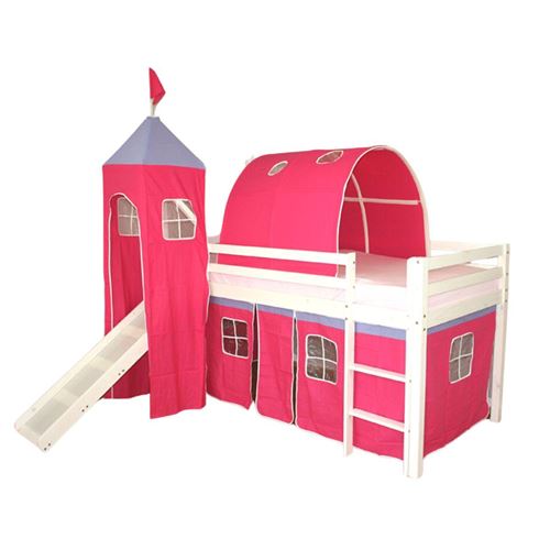 Lit Simple Blanc 90x200 en hauteur avec echelle Rideau et Tunnel Tour et Toboggan Fuchsia
