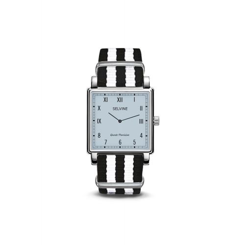 Montre Femme Selvine Cadran 28 mm En Alliage Bleu Clair Et Bracelet Noir Et Blanc En Nylon SPRE1