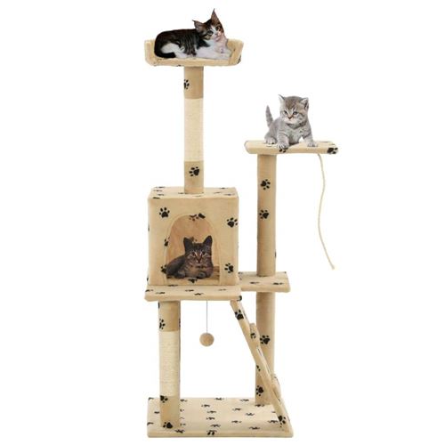 Meilleurs prix pour Arbre à chat griffoir grattoir niche jouet animaux peluché en sisal 120 cm beige motif pattes