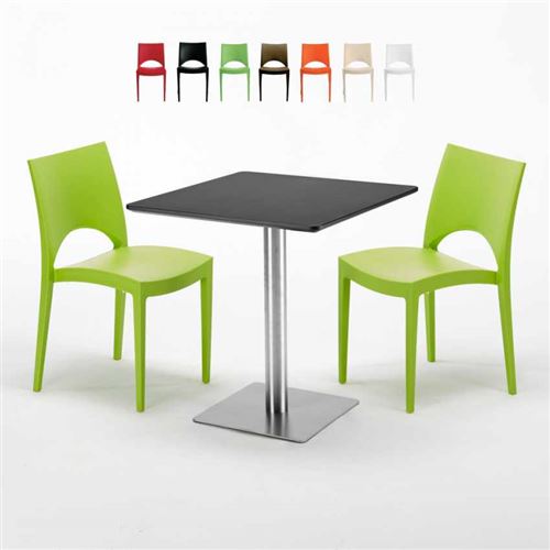Table carrée noire 70x70 avec 2 chaises colorées Paris Rum Raisin, Couleur: Vert